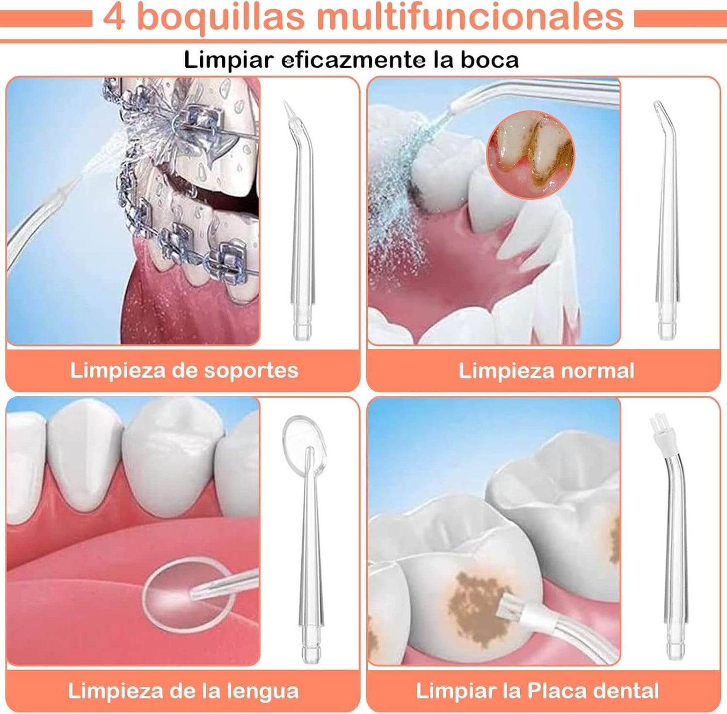 Irrigador Bucal Recargable / Limpieza Dental de Efecto Inmediato / Previene Gingivitis y Caries / Incluye 4 Boquillas + Limpiador de Lengua de REGALO