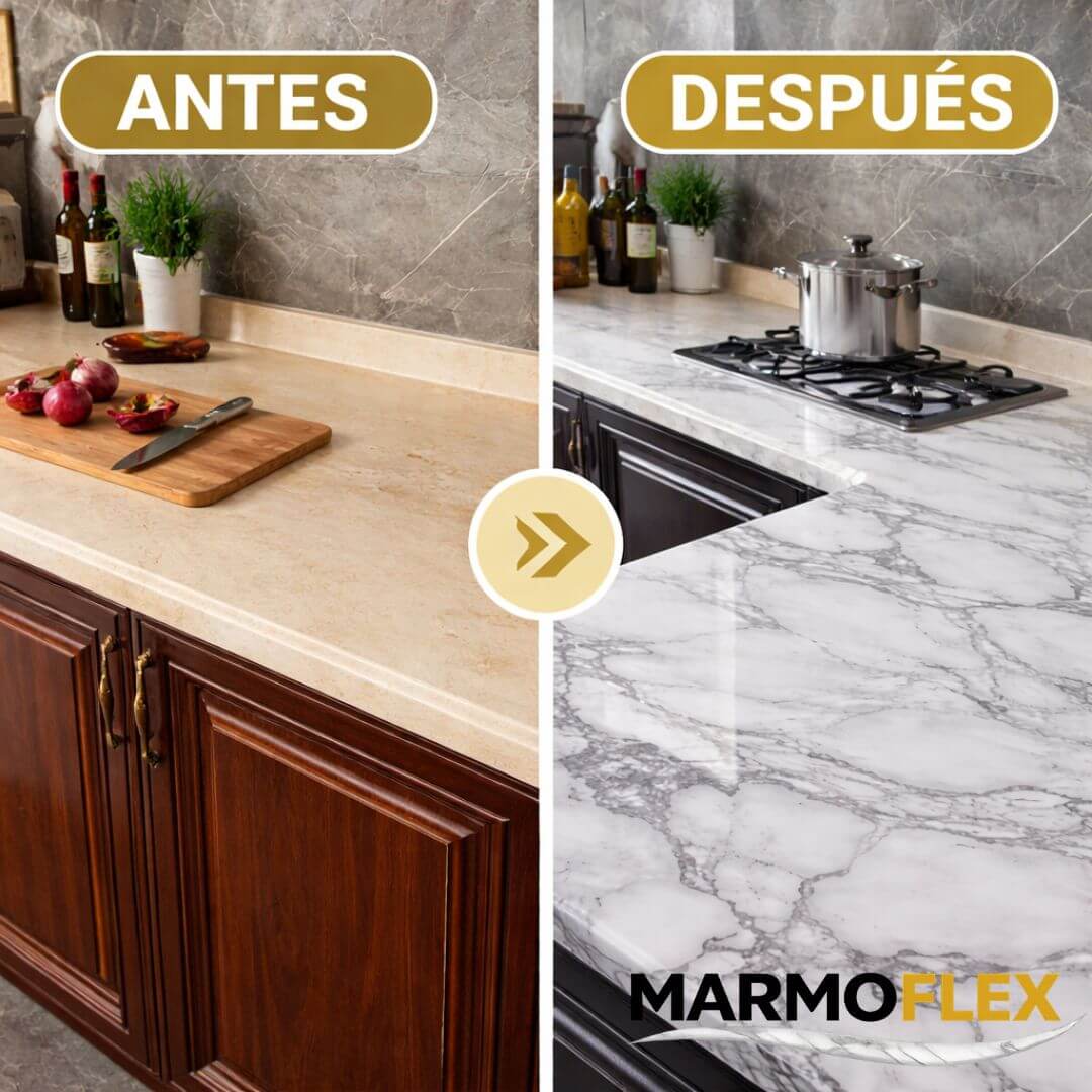 MarmoFlex – Vinil Adhesivo Marmoleado Blanco 60 cm x 10 mts – Renueva tus muebles o cocina con efecto mármol sin remodelaciones