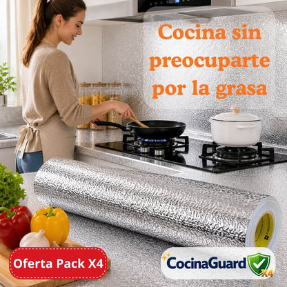 CocinaGuard X4 – Aluminio resistente adhesivo 40x3mts - Evita la grasa y limpia menos cada día