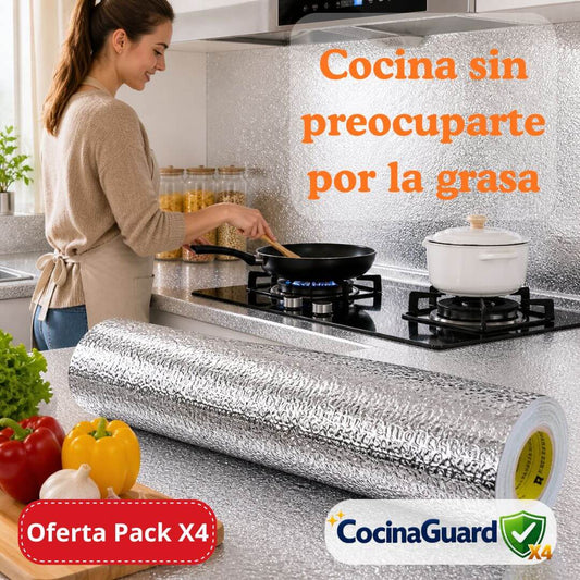 CocinaGuard X4 – Aluminio resistente adhesivo 40x3mts - Evita la grasa y limpia menos cada día