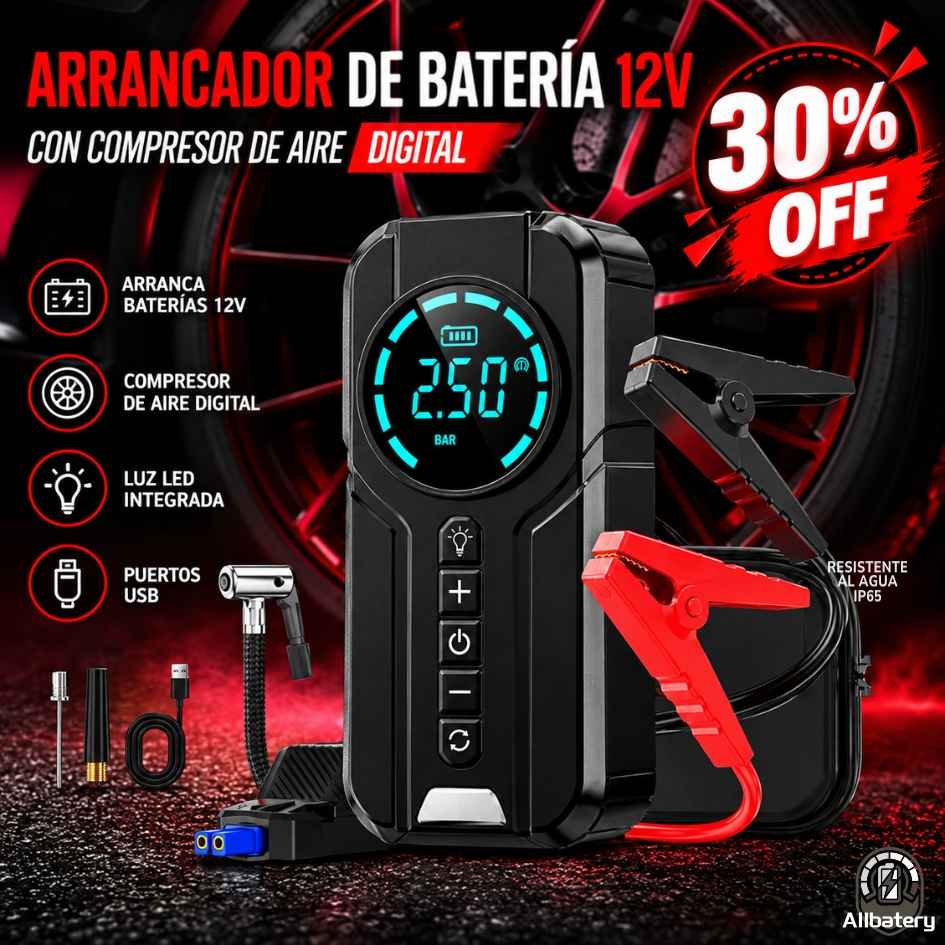 AllBatery - Compresor de Aire Portátil + Partidor de Batería + Power Bank - Oferta 30% off