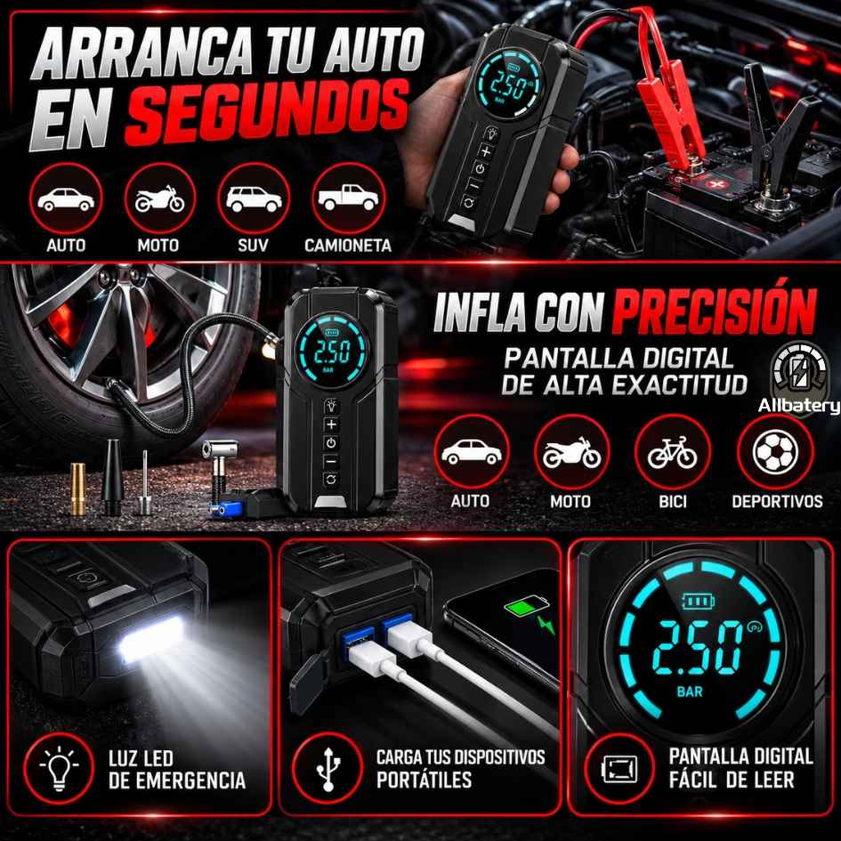 AllBatery - Compresor de Aire Portátil + Partidor de Batería + Power Bank - Oferta 30% off