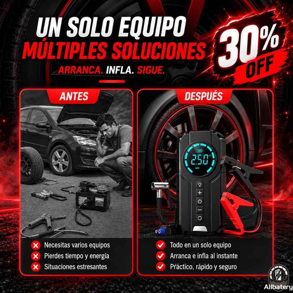 AllBatery - Compresor de Aire Portátil + Partidor de Batería + Power Bank - Oferta 30% off