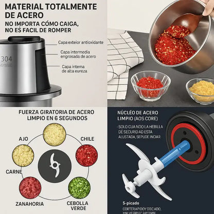 Pica Fácil Pro - Picadora Eléctrica de Acero 2L de Alta Potencia - Ahorra Tiempo y Energía al Cocinar en Casa o en tu Emprendimiento